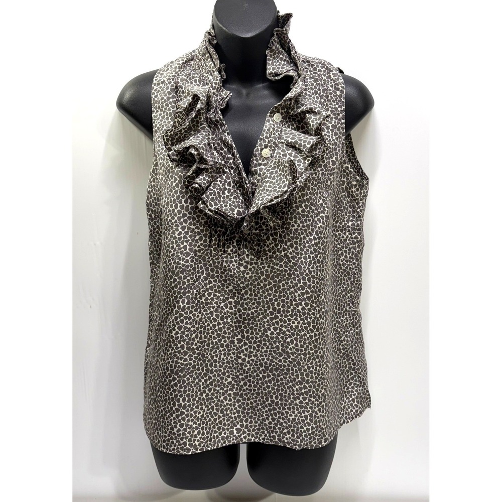 J.Crew Womens 4 Silk Ruffle Neck Sleeveless Blouse Gray Heart Print Top Size 4